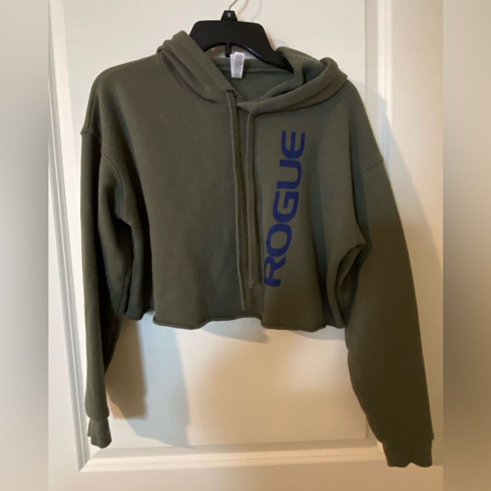 Rogue Olive Green Cropped Hoodie with Navy Logo